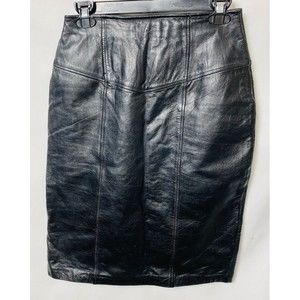Vintage Chance Encounters Black Genuine Leather Lined Midi Skirt Size 8 With Zip
